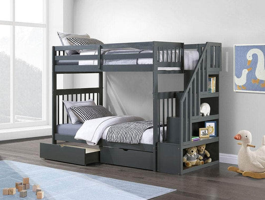 IFDC Bunk Bed Grey / Bunk Bed with Stairway Chest and Storage Drawers Columbia Solid Wood Mission Twin over Twin Bunk Bed with Reversible Storage Stairway Chest - Available in 3 Colours