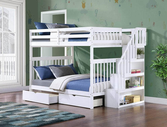 IFDC Bunk Bed White / Bunk Bed with Stairway Chest and Storage Drawers Columbia Solid Wood Mission Full over Full Bunk Bed with Reversible Storage Stairway Chest - Available in 3 Colours