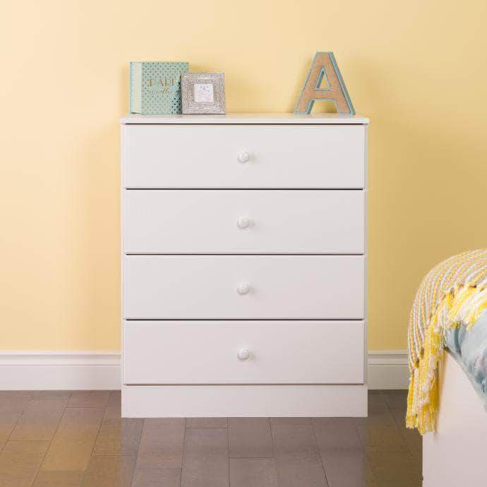 Prepac Astrid 4-Drawer Dresser with Acrylic Knobs, White