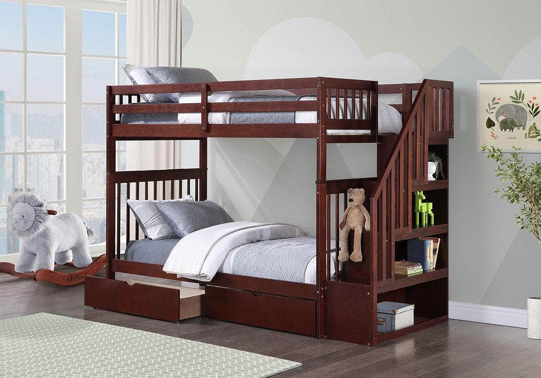 IFDC Bunk Bed Espresso / Bunk Bed with Stairway Chest and Storage Drawers Columbia Solid Wood Mission Twin over Twin Bunk Bed with Reversible Storage Stairway Chest - Available in 3 Colours