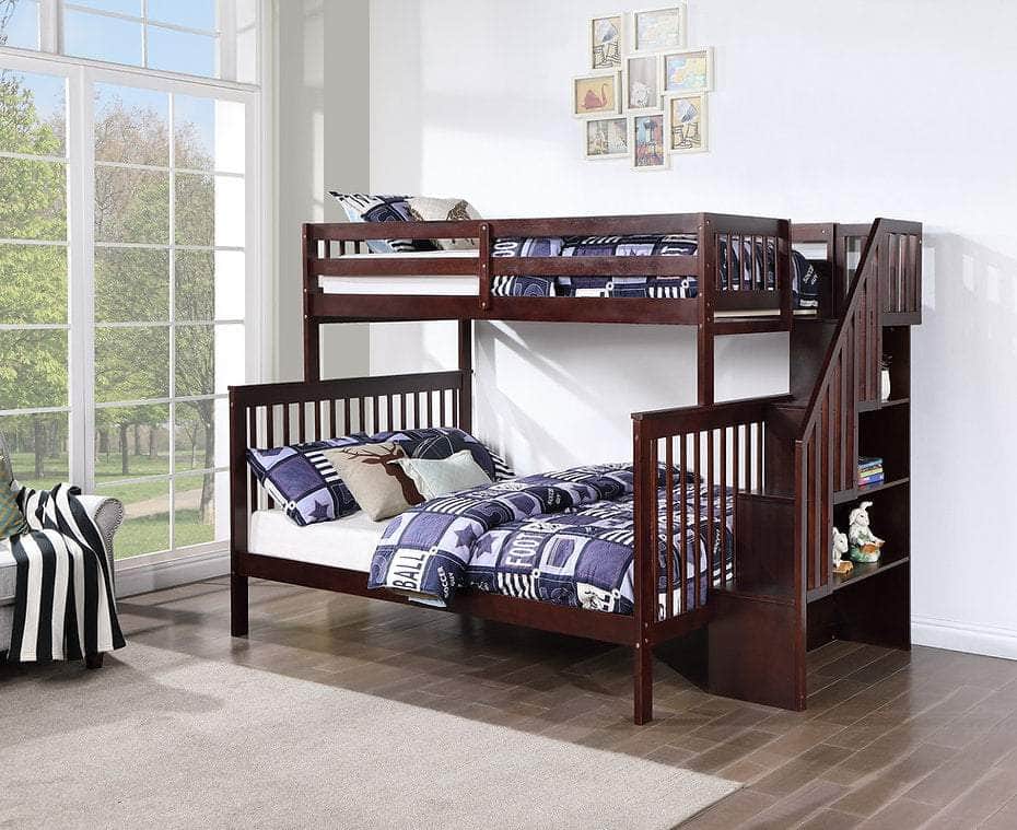 IFDC Bunk Bed Espresso / Bunk Bed with Stairway Chest Only Columbia Solid Wood Mission Twin over Full Bunk Bed with Reversible Storage Stairway Chest - Available in 3 Colours