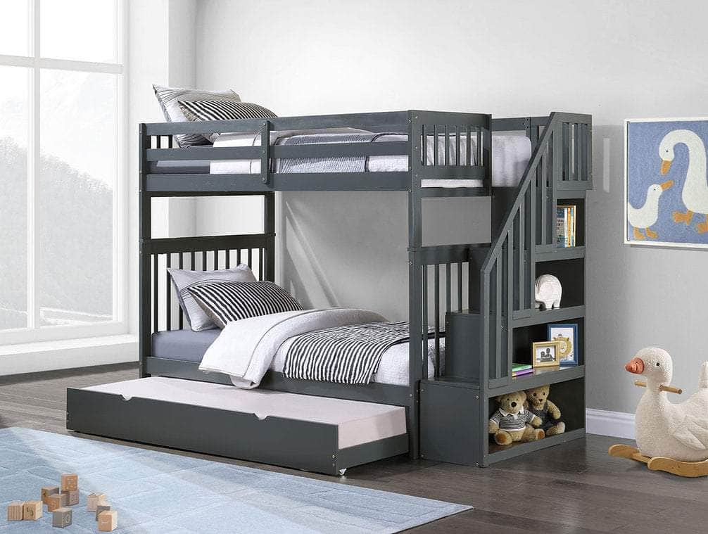 IFDC Bunk Bed Grey / Bunk Bed with Stairway Chest and Pull-Out Trundle Columbia Solid Wood Mission Twin over Twin Bunk Bed with Reversible Storage Stairway Chest - Available in 3 Colours