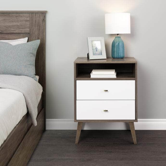 Modubox Nightstand Drifted Grey and White Milo Mid Century Modern 2-drawer Tall Nightstand with Open Shelf - Available in 5 Colours