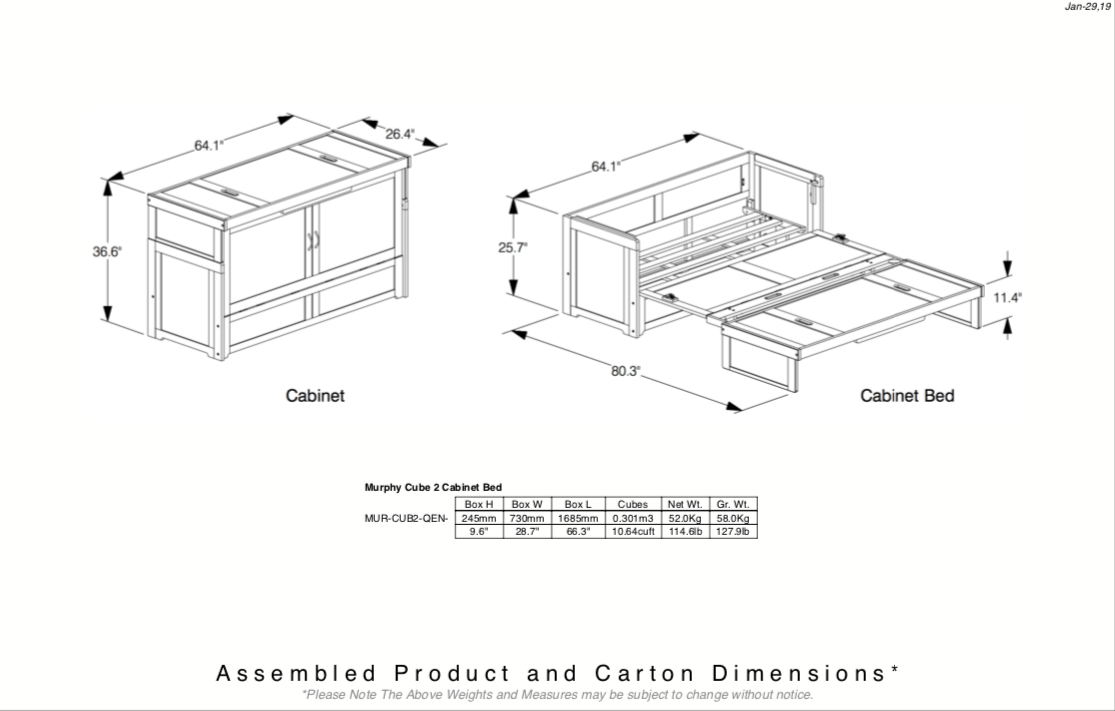 Night and Day Murphy Bed Murphy Cube Cabinet Bed with Queen Size Gel Memory Foam Mattress - Available in 4 Colours