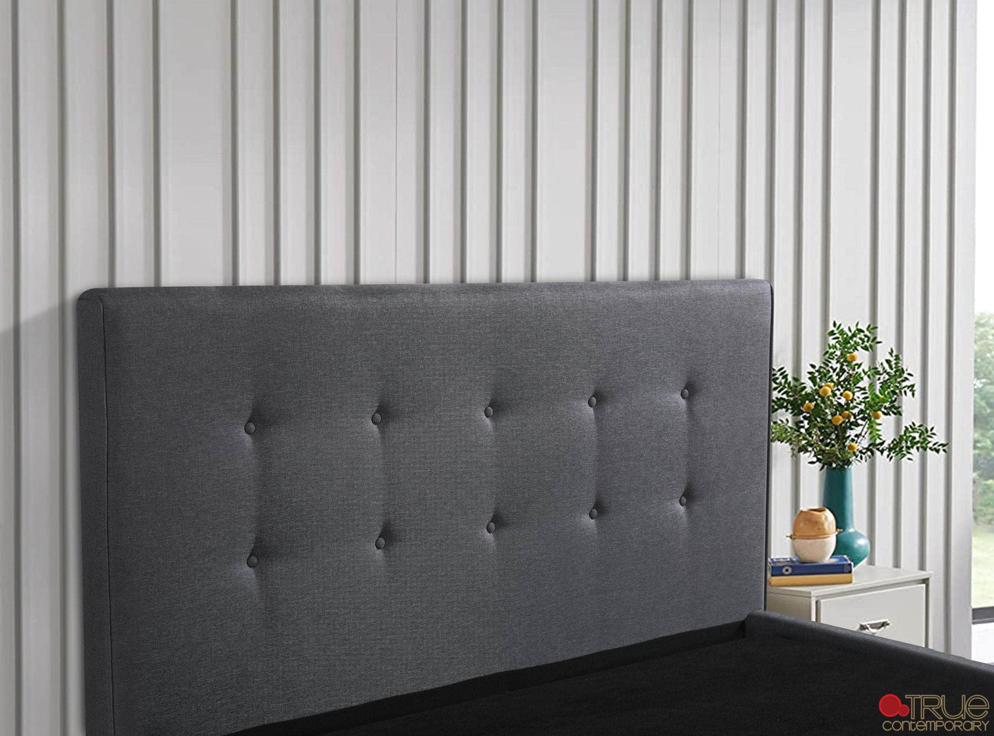 True Contemporary Bed Drew Dark Grey Tufted Linen Platform Bed - Available in 3 Sizes