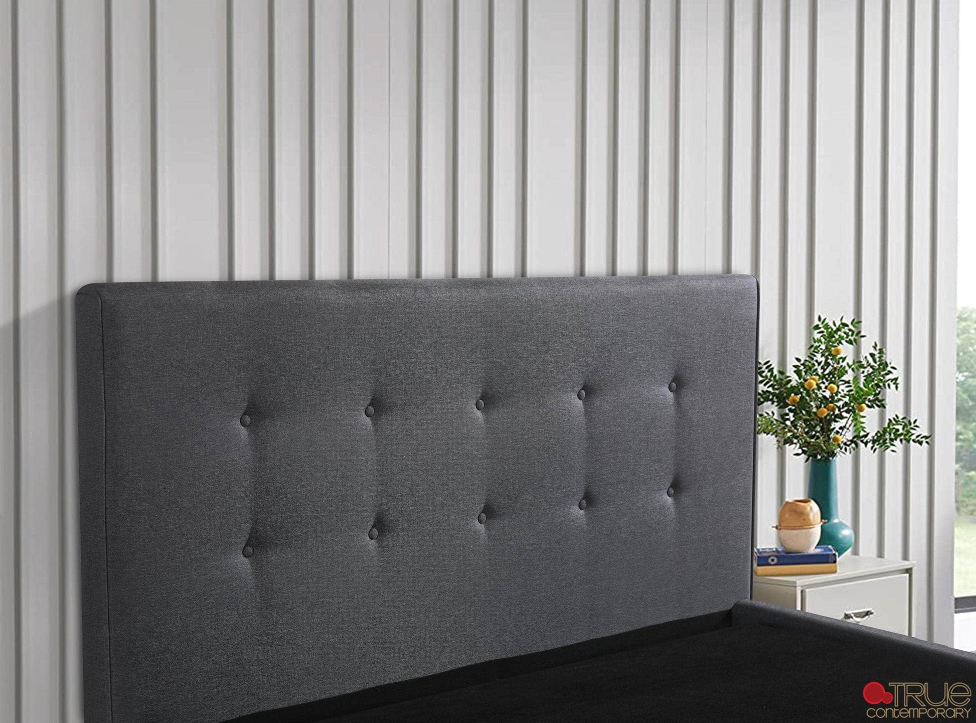 True Contemporary Bed Drew Dark Grey Tufted Linen Platform Bed - Available in 3 Sizes