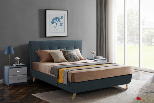 True Contemporary Bed Drew Midnight Blue Tufted Linen Platform Bed - Available in 3 Sizes