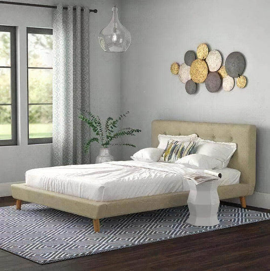 True Contemporary Bed Drew Tan Tufted Linen Platform Bed