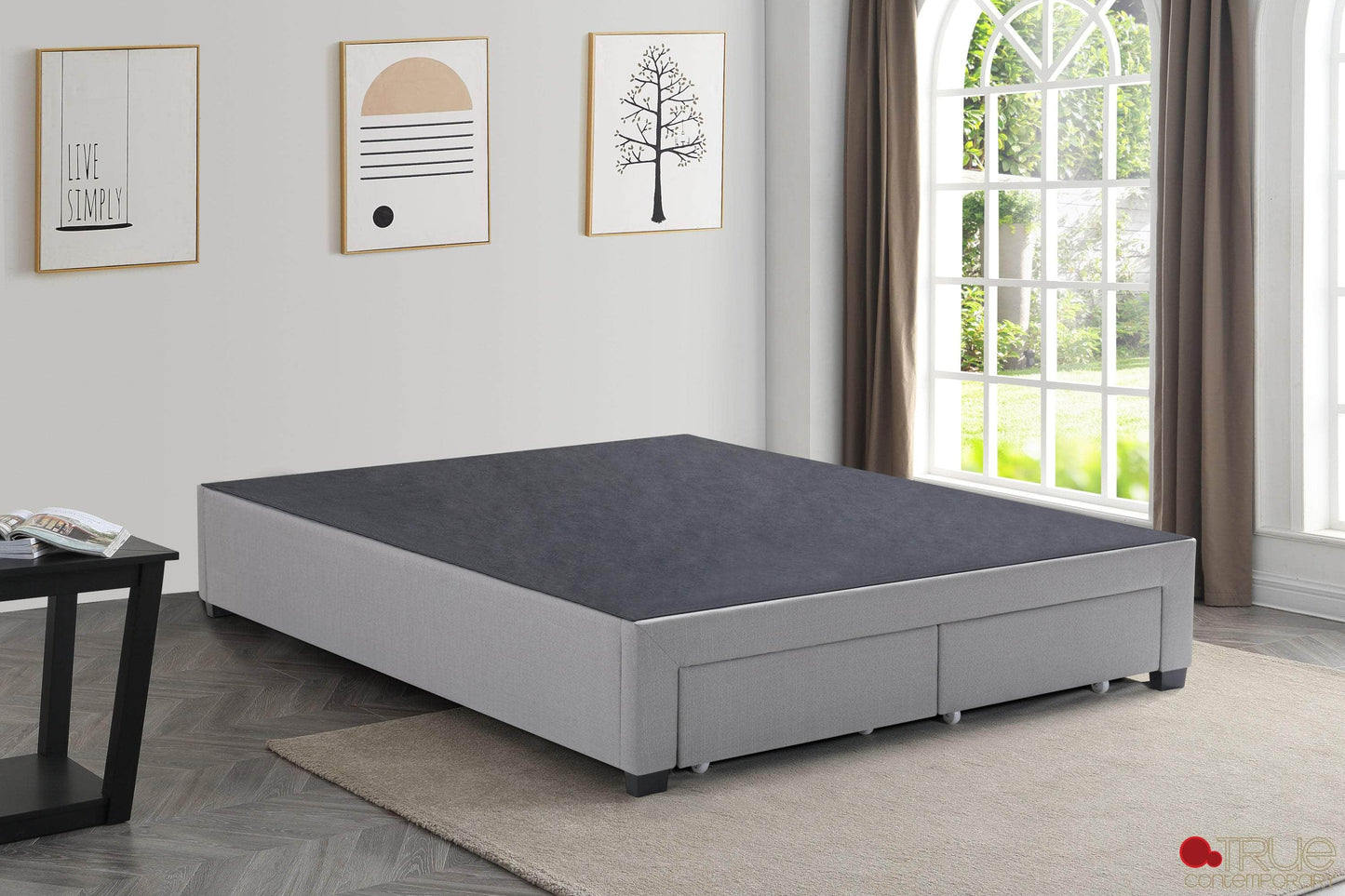 True Contemporary Bed EZ Base Foundation Grey Platform Bed with 2 Storage Drawers - Available in 4 Sizes