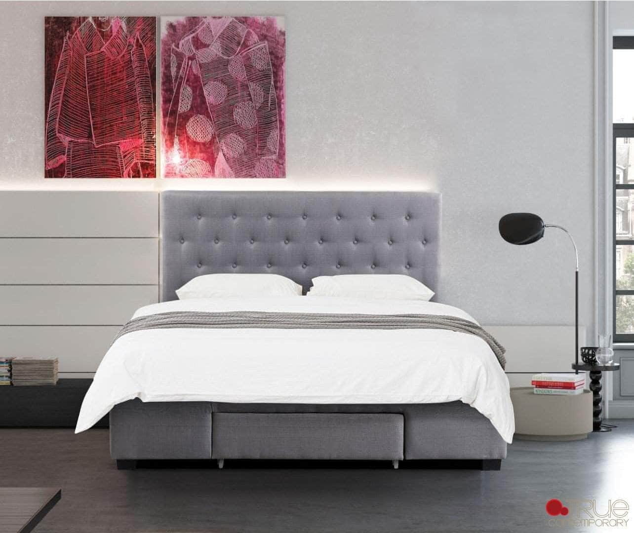 True Contemporary Bed Full Charlotte Grey Tufted Linen Platform Bed with Three Storage Drawers - Available in 3 Sizes