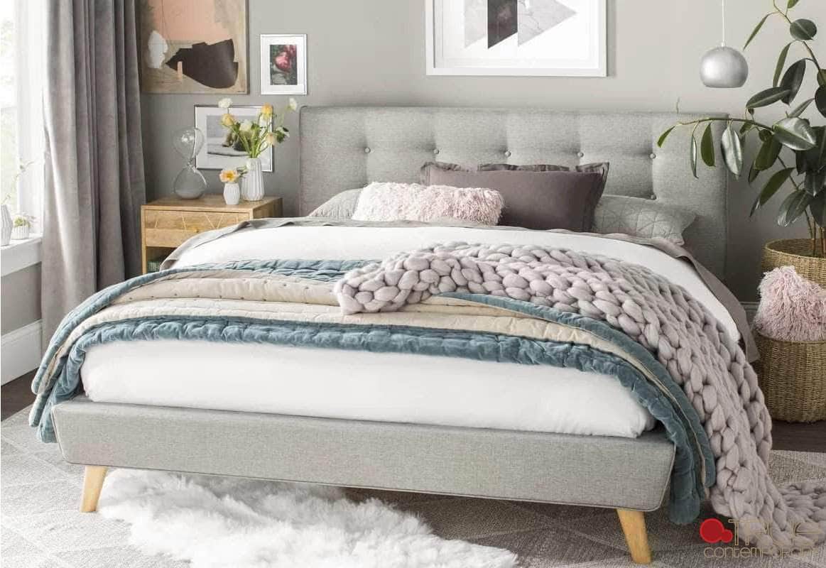 True Contemporary Bed King Grey Drew Tufted Linen Platform Bed