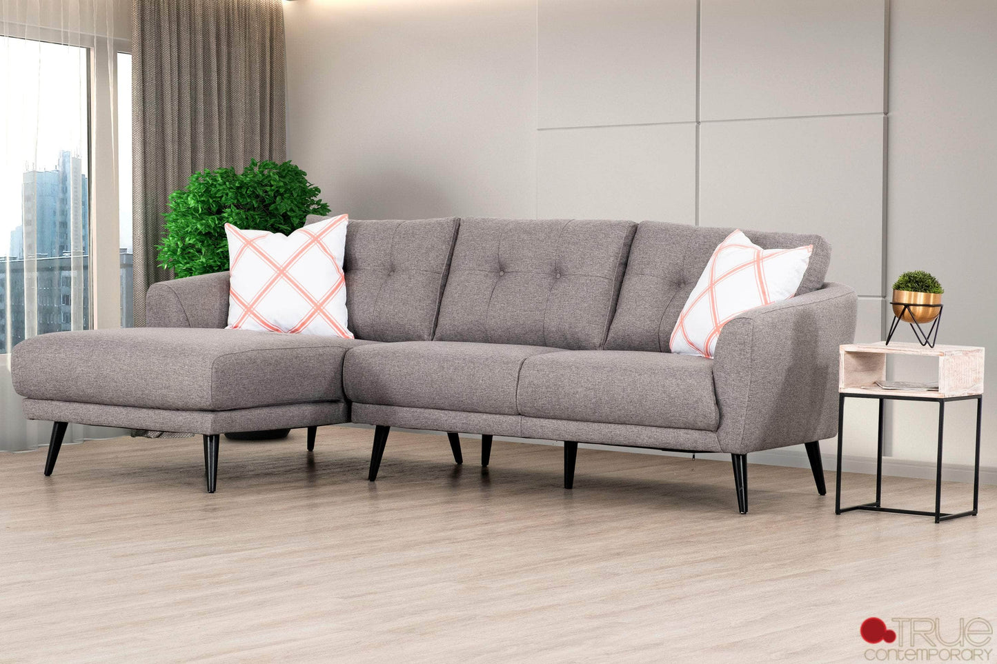 True Contemporary Sectional Elizabeth Tufted Sectional Sofa in Nia Grey